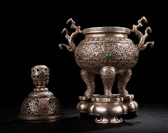 Chinese antique pure copper gilded silver inlaid gems hand carved lotus pattern incense burner ornaments,exquisite and precious,collecting