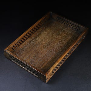 Handmade Wood Tray with Carved Pierced Border,Rectangular Serving Platter, Tabletop Decor
