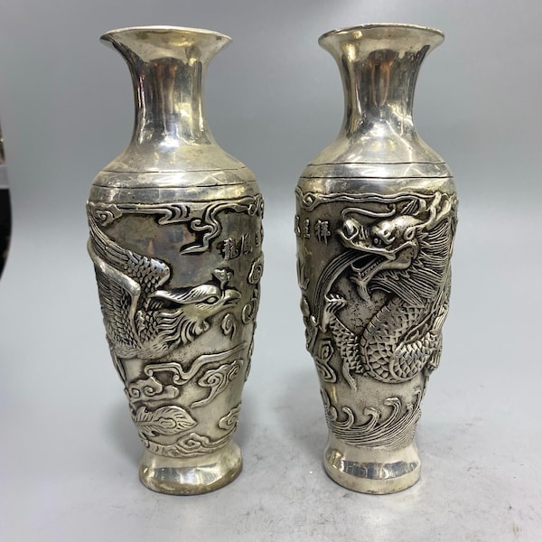 Chinese pure hand carved pure copper dragon and phoenix pattern vase ornament a pair,home decor,exquisite and precious
