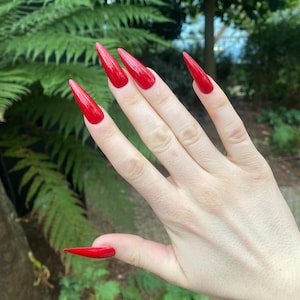 Könnte beinhalten: Eine Hand mit langen, spitzen, roten Fingernägeln. Die Nägel haben eine leuchtende, glänzende rote Farbe und sind spitz zulaufend. Der Hintergrund zeigt grünes Laub, was auf eine Umgebung im Freien hindeutet.