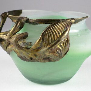 Jade green glass vase with brass sheath, hand blown, 60s 70s, mid century glass bowl