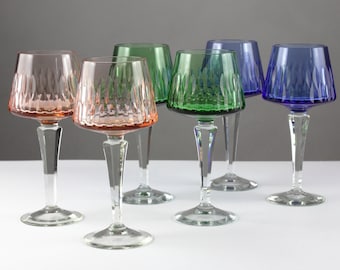 Vintage German Crystal Wine Goblets, Set of 6 Colored Roemer Hocks