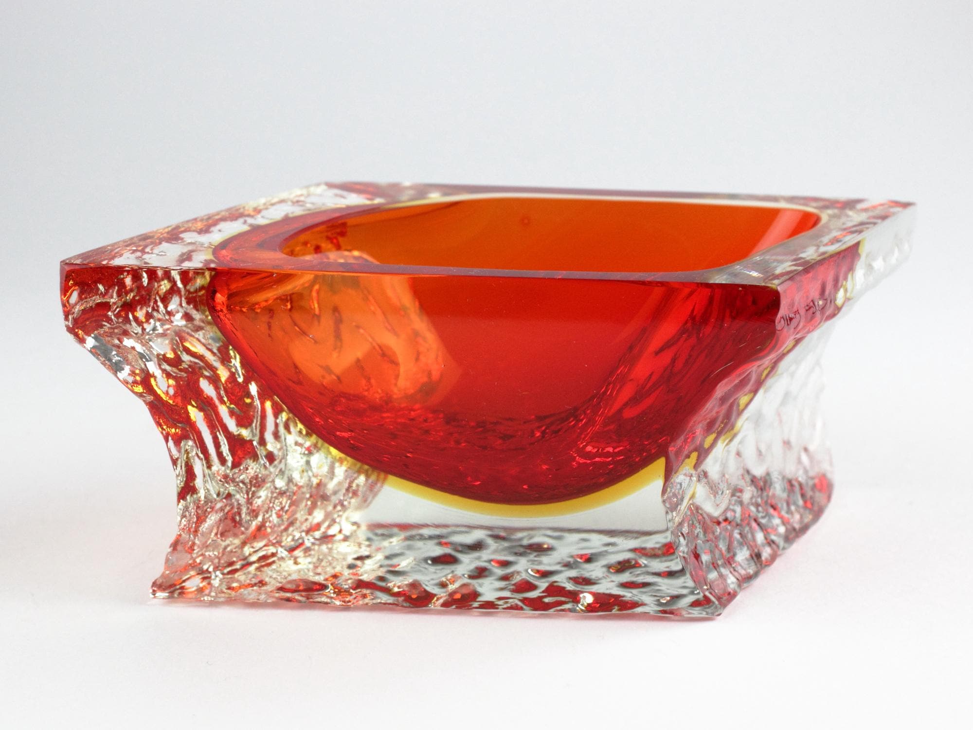 Flavio Poli for Seguso: Murano Glass Ashtray, Sommerso Red Yellow