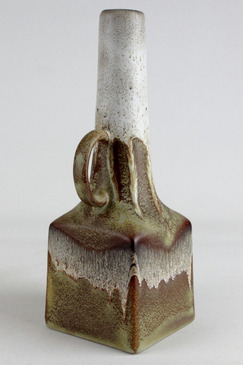 Tall ES ceramic vase, matt brown white vintage ceramic vase glaze drippigs, West German Pottery image 3