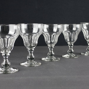 Antique wine glasses, liquor glasses, set of five hand cut glasses, Germany 1900