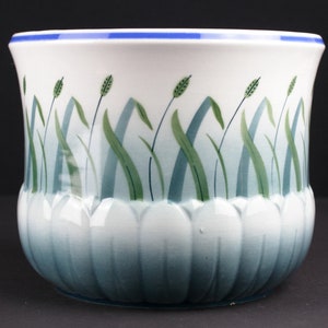 Large antique ceramic planter 1920s, white ceramic plant pot with abstract reed decor, German Pottery