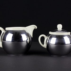 Bauscher art deco creamer and sugar box, milk and sugar set, porcelain with metal, vintage, early Mid Century, 20s-30s