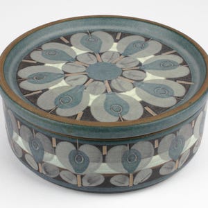 Puede incluir: Un recipiente de cerámica redondo con tapa. El recipiente y la tapa son de color verde azulado con un borde marrón. La tapa presenta un estampado floral en tonos grises y verde azulado. Los lados del recipiente también tienen un estampado floral repetido.