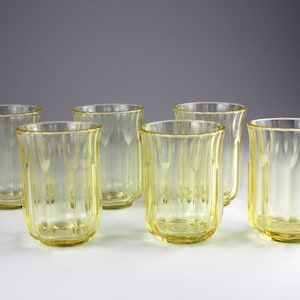 Six art deco drinking glasses, yellow pressed glass drinking ware, Germany, Mid Century, 20s 30s
