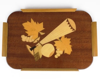 Vintage serving tray, vintage wooden tray, wood inlay, Germany, mid century