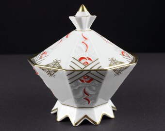 Art deco porcelain box with lid, hand painted decor, Germany 20s-30s, antique porcelain box