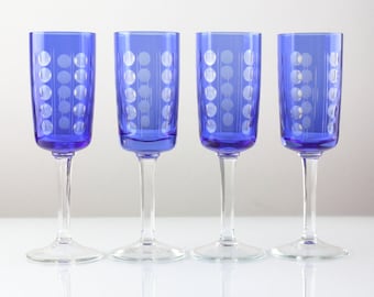 Four blue champagne glasses by Harzkristall, hand cut crystal glasses, german longchamp glasses, Mid Century, 60s 70s