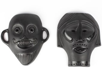 Pair of vintage ceramic wall masks, black wall mask, West German Pottery, Mid Century