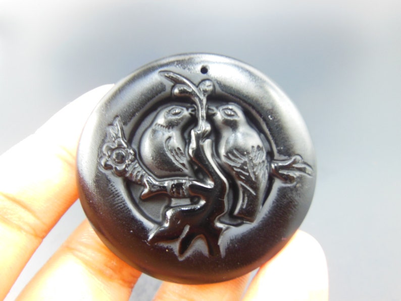 AAA natural black obsidian hand-carved round double Magpie of luck amulet pendants Free Shipping