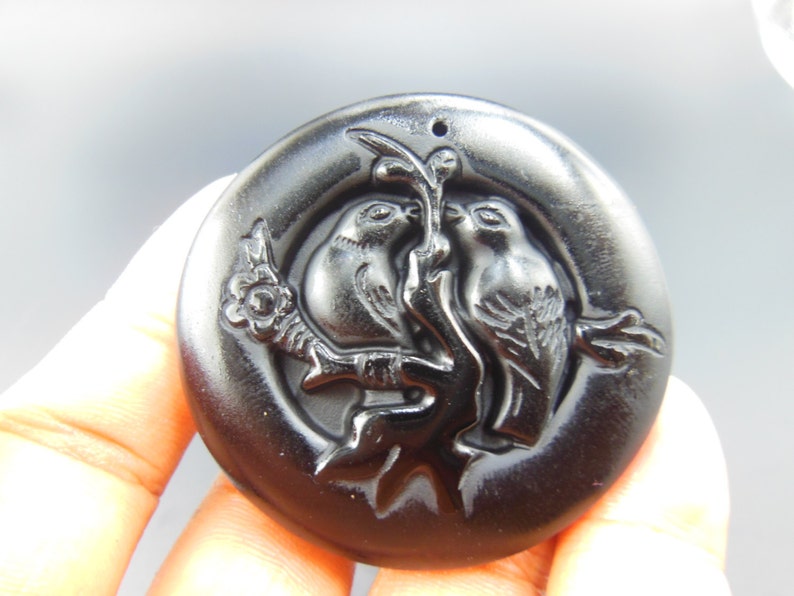 AAA natural black obsidian hand-carved round double Magpie of luck amulet pendants Free Shipping