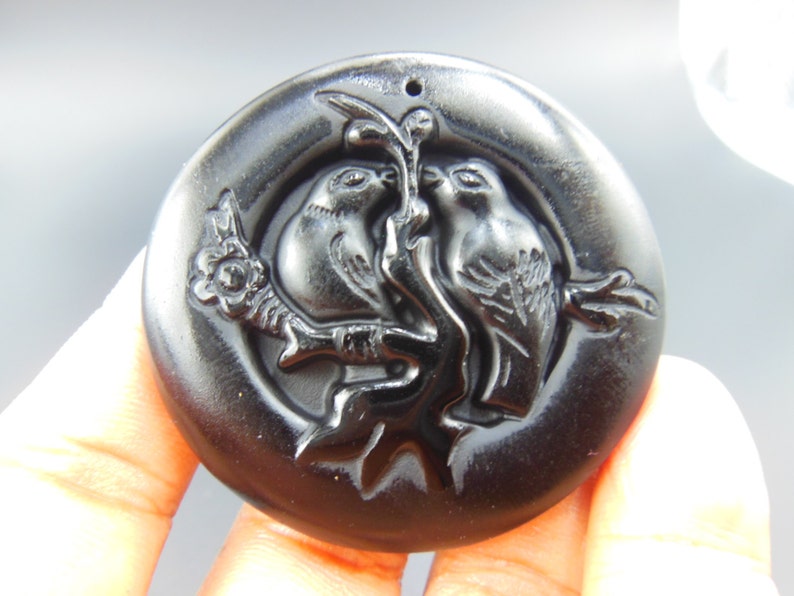 AAA natural black obsidian hand-carved round double Magpie of luck amulet pendants Free Shipping