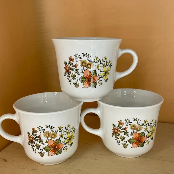 Set of 3 Vintage Corelle Country Flower Tea Cup Mugs by Corning Ware