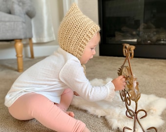 Handmade pixie bonnet. Crochet/knit. Baby hat. Gift.