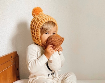 Handmade waffle pixie bonnet with pom pom