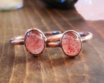 Strawberry Quartz Oval Stone Ring in Copper | US/CA 6.75, 7 | Electroformed Jewelry | Pink Quartz | Oval Stone | Bohemian | Rustic Style