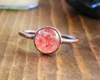 Strawberry Quartz Round Stone Copper Ring | Size US/CA 8.25, Electroformed Crystal Ring, Talisman Copper Ring, Electroformed Jewelry