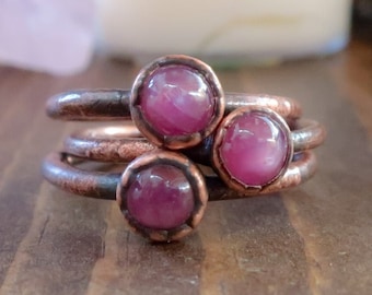 Small Pink Sapphire Round Stone Stackable Ring in Copper | Size 6, 7, 8 | Electroformed Jewelry | Copper Ring | Boho | September Birthstone
