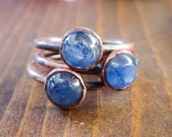 Blue Kyanite Round Stone Ring in Copper | Size 6, 7, 8 | Electroformed Crystal Ring, Talisman Copper Ring, Electroformed Jewelry
