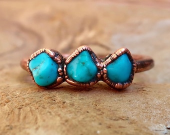Raw Sonoran Turquoise Multistone Ring in Electroformed Copper, December Birthstone Jewelry, Turquoise Ring, Rustic Boho Style, Crystal Magic