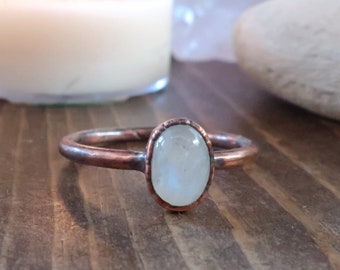 Rainbow Moonstone Oval Stone Ring in Copper | Size 9 | Electroformed Crystal Ring, Talisman Copper Ring, Electroformed Jewelry