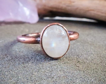Rainbow Moonstone Oval Stone Ring in Copper | Size 7.5 | Crystal Ring, Talisman, Electroformed Jewelry, Rustic, Bohemian