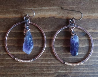 Amethyst Point Hoop Earrings in Copper, Bohemian Hoop Earrings, Crystal Earrings, Sterling Silver Bohemian Jewelry, Blackbird & Sage Jewelry