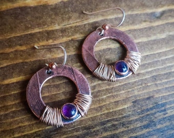 Purple Amethyst Drop Earrings In Electroformed Copper Wrapped with Bronze Wire, Electroformed Crystal Earrings, Talisman Copper Jewelry