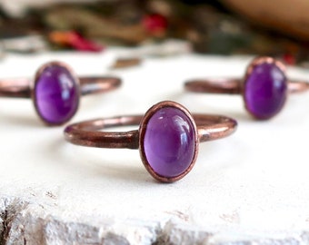 Oval Amethyst Copper Ring, Amethyst Solitaire Ring, February Birthstone Ring, Bohemian Jewelry, Electroformed Copper Ring, Valentines Gift