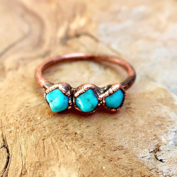 Raw Sonoran Turquoise Ring, Electroformed Copper, Handmade Boho Jewelry