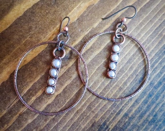 Pearl Copper Pendant and Bronze Hoop Earrings, Bohemian Hoops, Crystal Jewelry, Mixed Metals, Electroformed, Rustic, Handmade Adornments