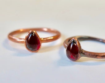 Red Garnet Teardrop Copper Ring, Garnet Ring, January Birthstone Ring, Electroformed Jewelry, Birthstone Gift