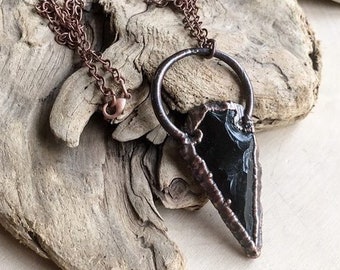 Large Obsidian Arrowhead Necklace, Obsidian Pendant, Arrowhead Jewelry, Electroform Copper, Talisman, Statement Necklace, Crystal Necklace