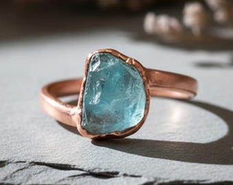 Raw Aquamarine Ring | Electroformed Copper | Hand Hammered Band | March Birthstone