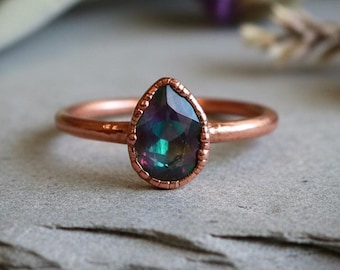 Rainbow Mystic Topaz Teardrop Ring | Electroformed Copper, 7x4mm Faceted Stone