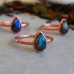 Electroformed Copper Labradorite Ring: Teardrop Boho Jewelry, Crystal Jewelry Gift, Holiday Present For Her