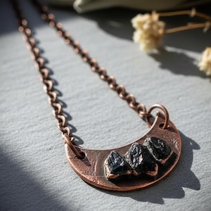 Black Tourmaline Crescent Moon Necklace | Three Stone | Handcrafted Copper | Made to Order
