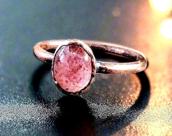 Oval Strawberry Quartz Ring Size 6.75 | Antique Copper Electroformed, Heart Chakra Stone