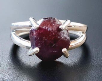 Raw Garnet Sterling Silver Ring: Prong Set January Birthstone