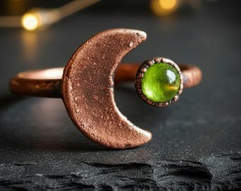 Peridot Crescent Moon Ring | Electroformed Copper | Made to Order