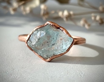 Raw Aquamarine Ring | Electroformed Copper, Size 8.15