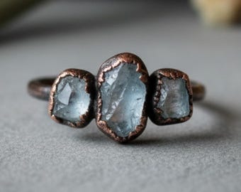 Raw Aquamarine Three Stone Ring | March Birthstone | Antique Copper Electroformed | Made to Order