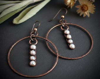 Freshwater Pearl Hoop Earrings | Electroformed Pearl Row | Handcrafted Copper & Bronze | Made to Order