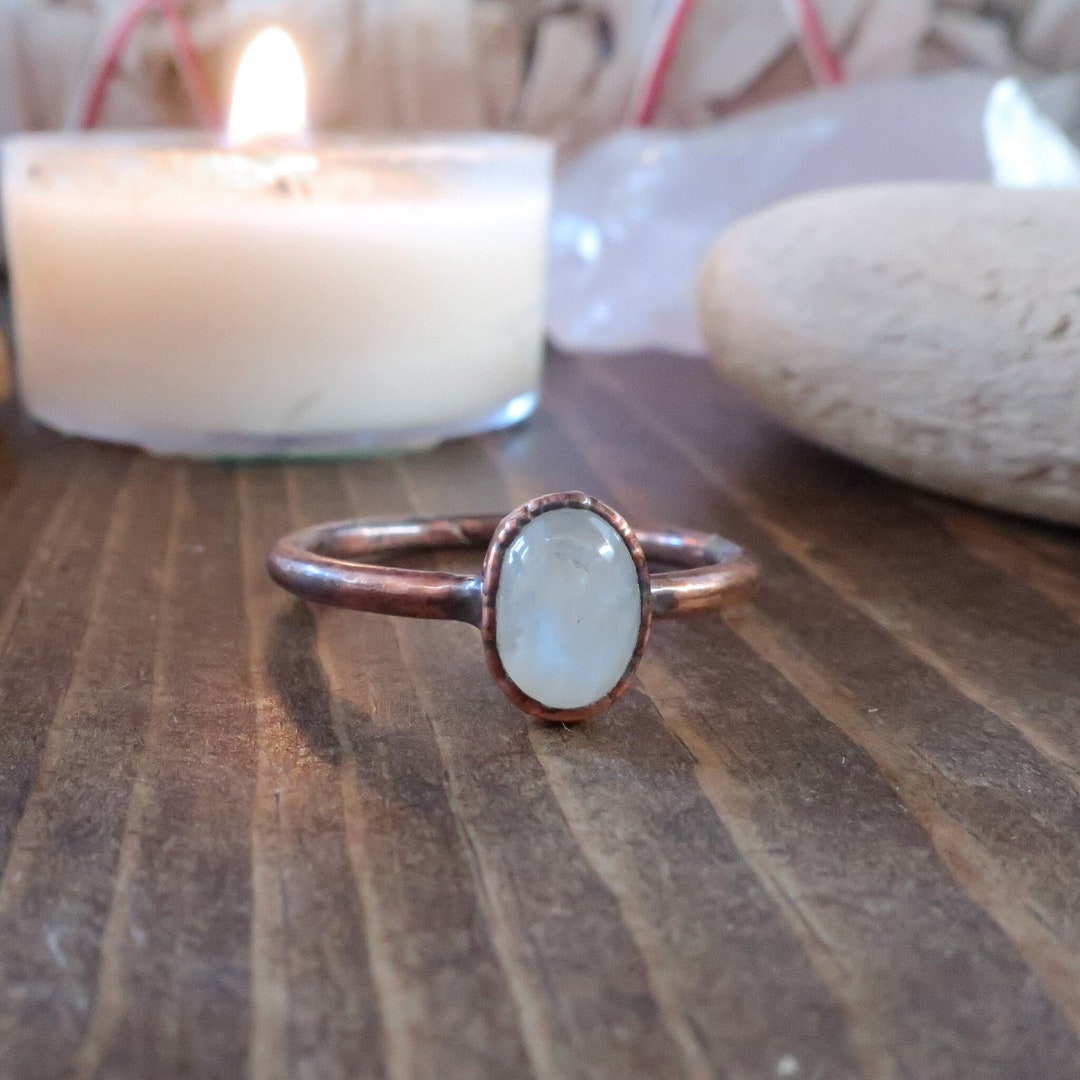 we took our beloved hand hammered band and made it... Electroformed Copper Rainbow Moonstone Ring - Hand Hammered Band, Size ...
