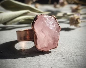Raw Rose Quartz Wide Band Statement Ring | Electroformed Copper | Made to Order