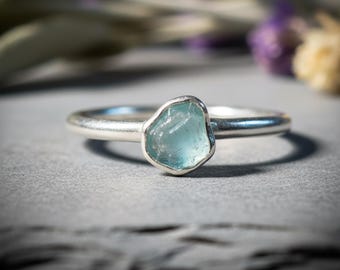 Dainty Raw Aquamarine Stacking Ring | Silver Plated Electroformed | March Birthstone | Made to Order